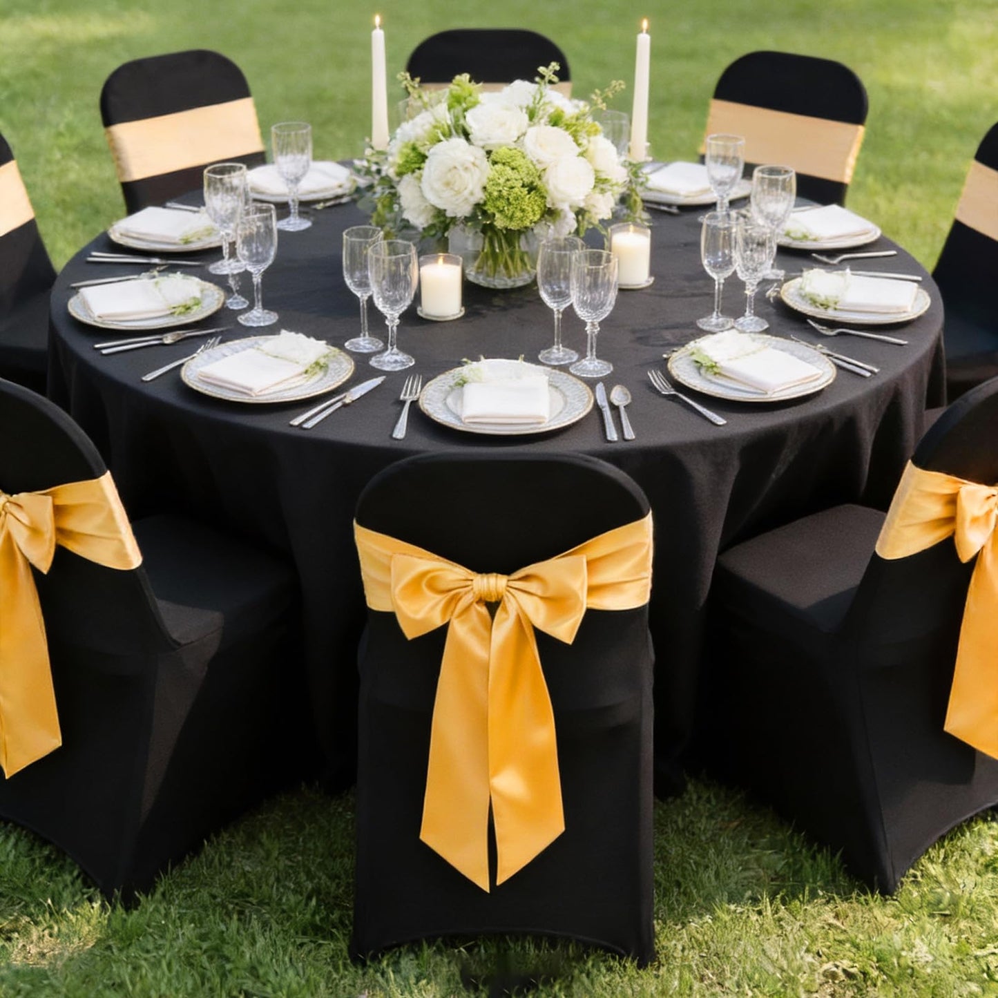 Hodoee 50 PCS Gold Satin Chair Sashes Bows Universal Chair Ribbon Ties Back Sash for Wedding Party Banquets Event Chair Cover Decoration(Gold, 7x108 inch)