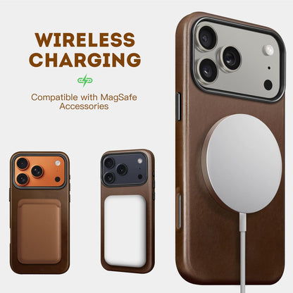 kingflag Genuine Leather Case for iPhone 17 Pro Max 6.9 inch, Oil Wax Full-Grain Leather, Compatible with MagSafe, Metal Buttons and Camera Bezel (Rustic Brown)