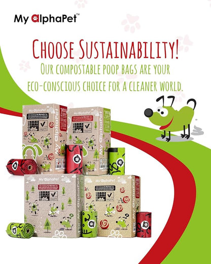 Compostable Dog Poop Bags, Cornstarch Eco-Friendly, HOME COMPOST NF T 51-800, 240 Count, Large Size Bag 9x13 Inches, 16 Unscented Refill Rolls, Leak-proof, Plantbased, GM-Free Corn (Green)