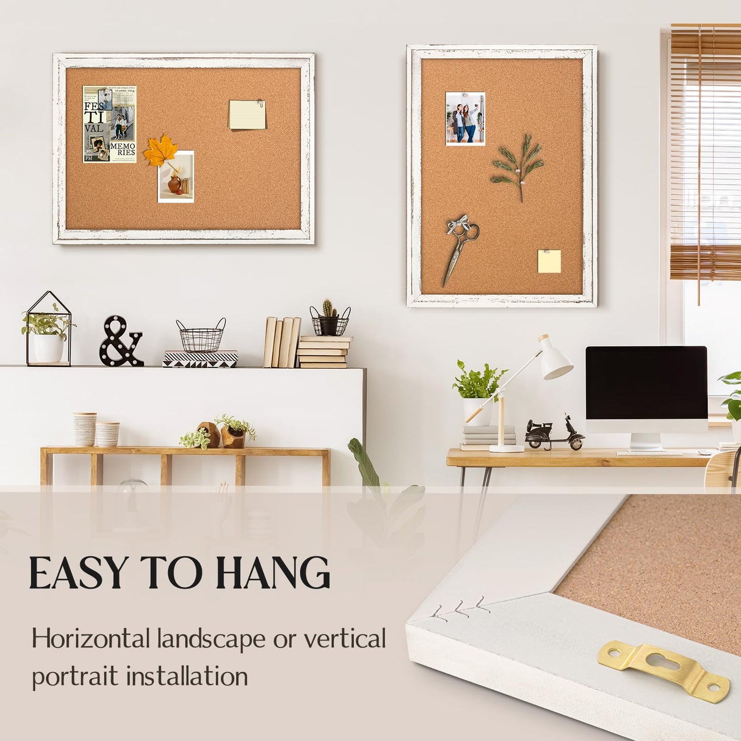 QUEENLINK Cork Board Bulletin Board, 36" x 24" Corkboard for Wall, Rustic White Wooden Frame, Hanging Pin Board for Home & Office Decor, 10 Push Pins
