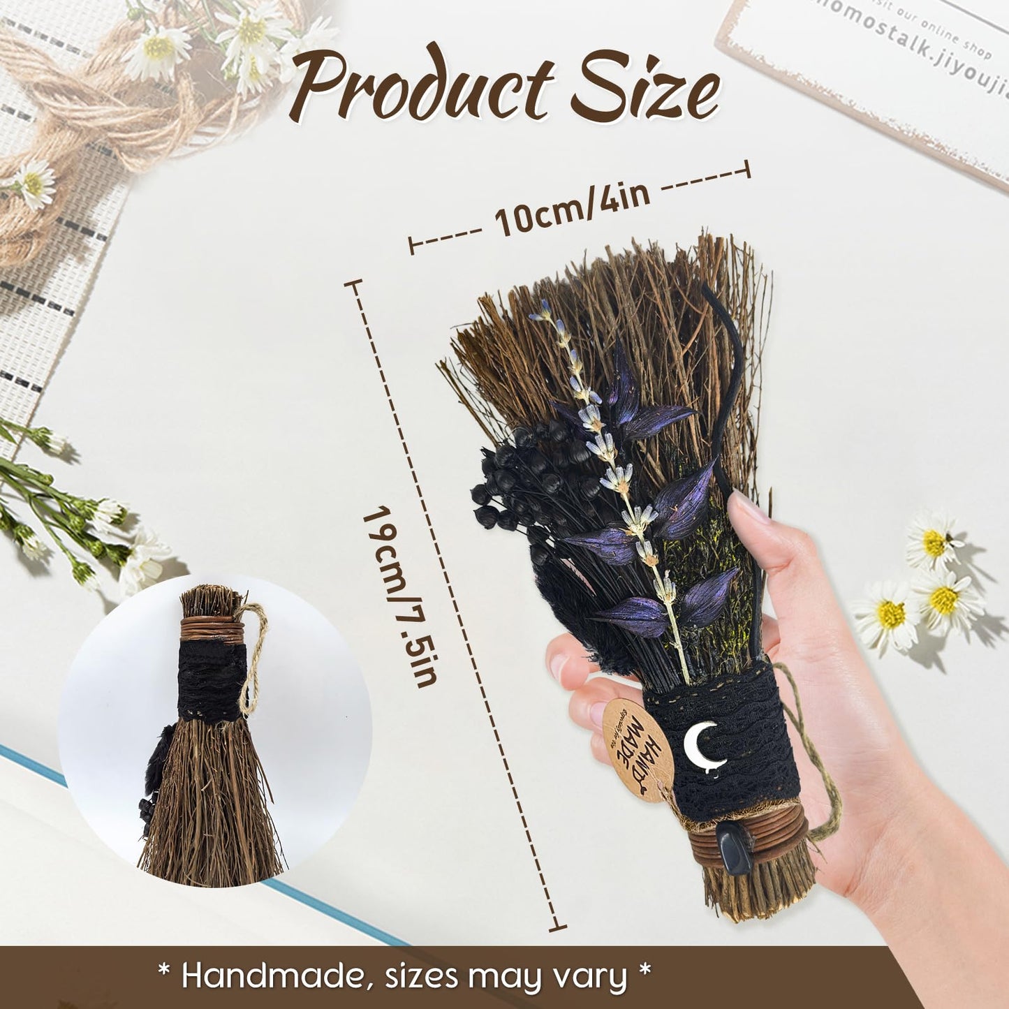 Teeloray Cinnamon Broom 7.5 Inch Handmade Witch Broom for Altar Mini Cinnamon Broomstick Scented Natural Herbal Protection Magic Witchcraft Supplies for Halloween Wiccan Décor Witchy Gifts (Black)