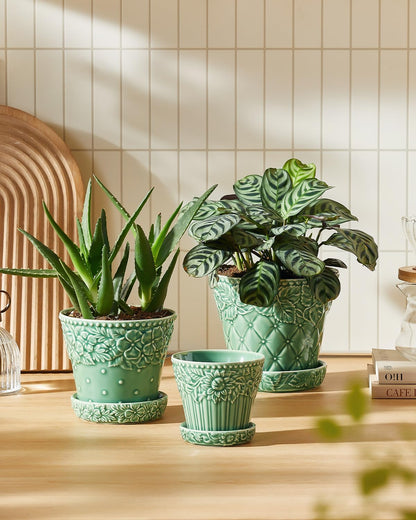 Metahom Succulent Ceramic Pots, 3.8 Inch Small Plant Pots with Drainage Hole & Saucer, Flower Planter Pot for Indoor Plants Cacti, Home Decor, Set of 4, Green