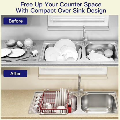 MAJALiS Red Dish Drying Rack Over The Sink with Utensil Holder, Mat | Expandable Stainless Steel Dish Drainer for Small Kitchen, Apartment, RV, Counter Space Saving, Perfect Fit, Rustproof