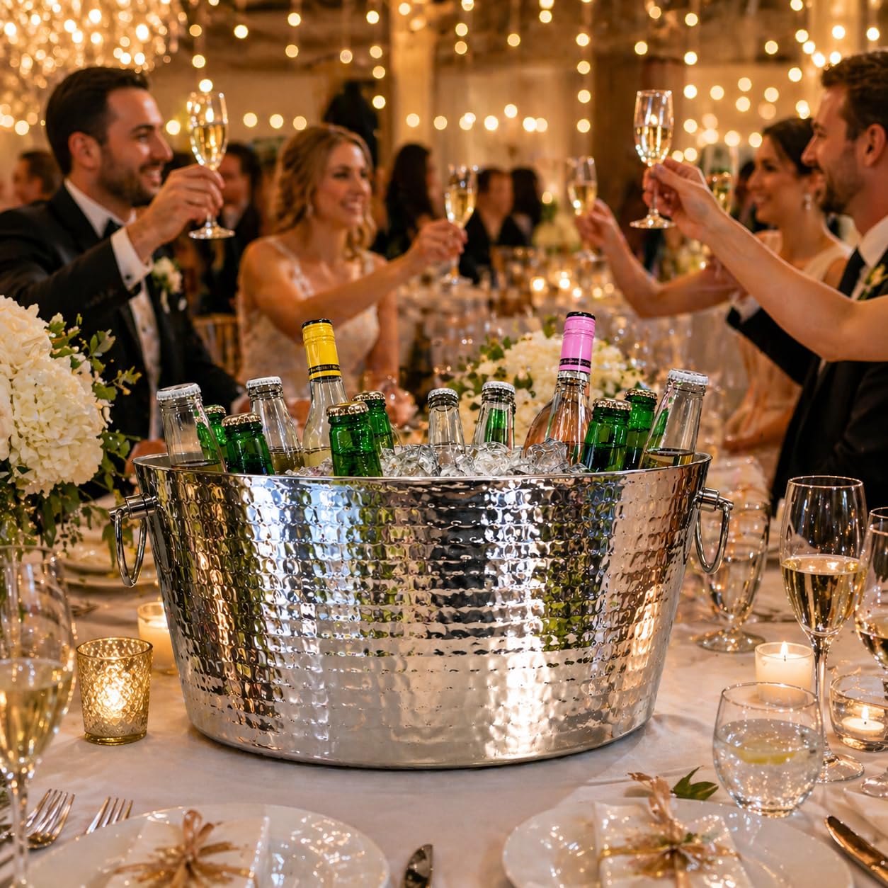BREKX 6.25 Gallon Large Stainless Steel Bucket for Parties, Double-Walled Insulated Anchored Drink Tub & Ice Bucket with Double Hinged Handles, Silver, Extra Large