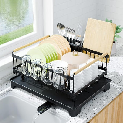 Dish Drying Rack with Auto-Drainboard - Rustproof Kitchen Counter Strainer with Cutlery & Cup Holders, Compact Space Saver Kitchen Strainer, Black