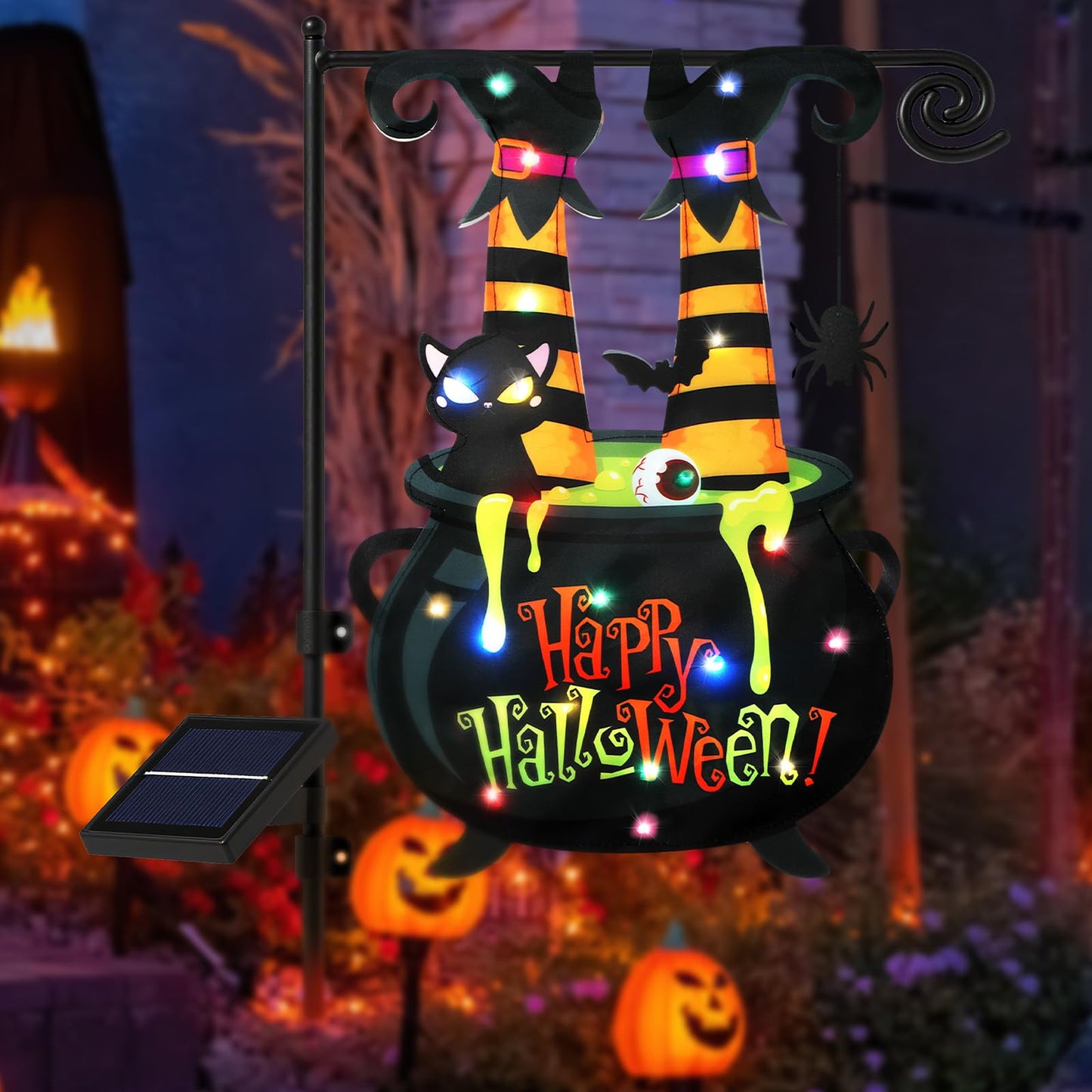 Halloween Lighted Garden Flag 12x18 Inch Witch Feet Shaped Flags 8 Modes Double Side LED Solar Yard Flags Cauldron Eyeball Black Cat Decorations for Garden Patio Yard Lawn Outside Home Decor