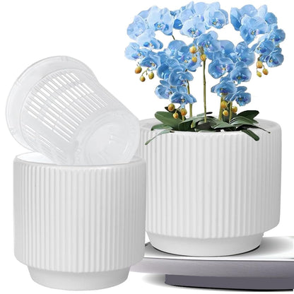 MUZHI Ceramic Orchid Pot with Holes and Drainage Tray Set of 2, 5+6 Inch, Double Layer Orchid Planter with Clear Plastic Inner Net Baskets Pots for Repotting