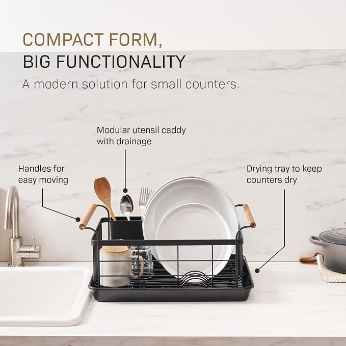 YAMAZAKI Home Dish Drying Rack – Modern Black Dish Rack for Kitchen Counter with Removable Drainer Tray and Cutlery Holder, Steel + Wood Dish Drying Organizer, Small Space-Saving Design