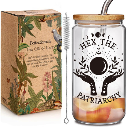 Enanaimg Hex the Patriarchy 16 oz Glass Cup with Lids and Straws, Witchy Feminist Gifts for Friend Bestie Employee Coworker, Halloween Feminist Glass Cup for Birthday Christmas, Power Mug