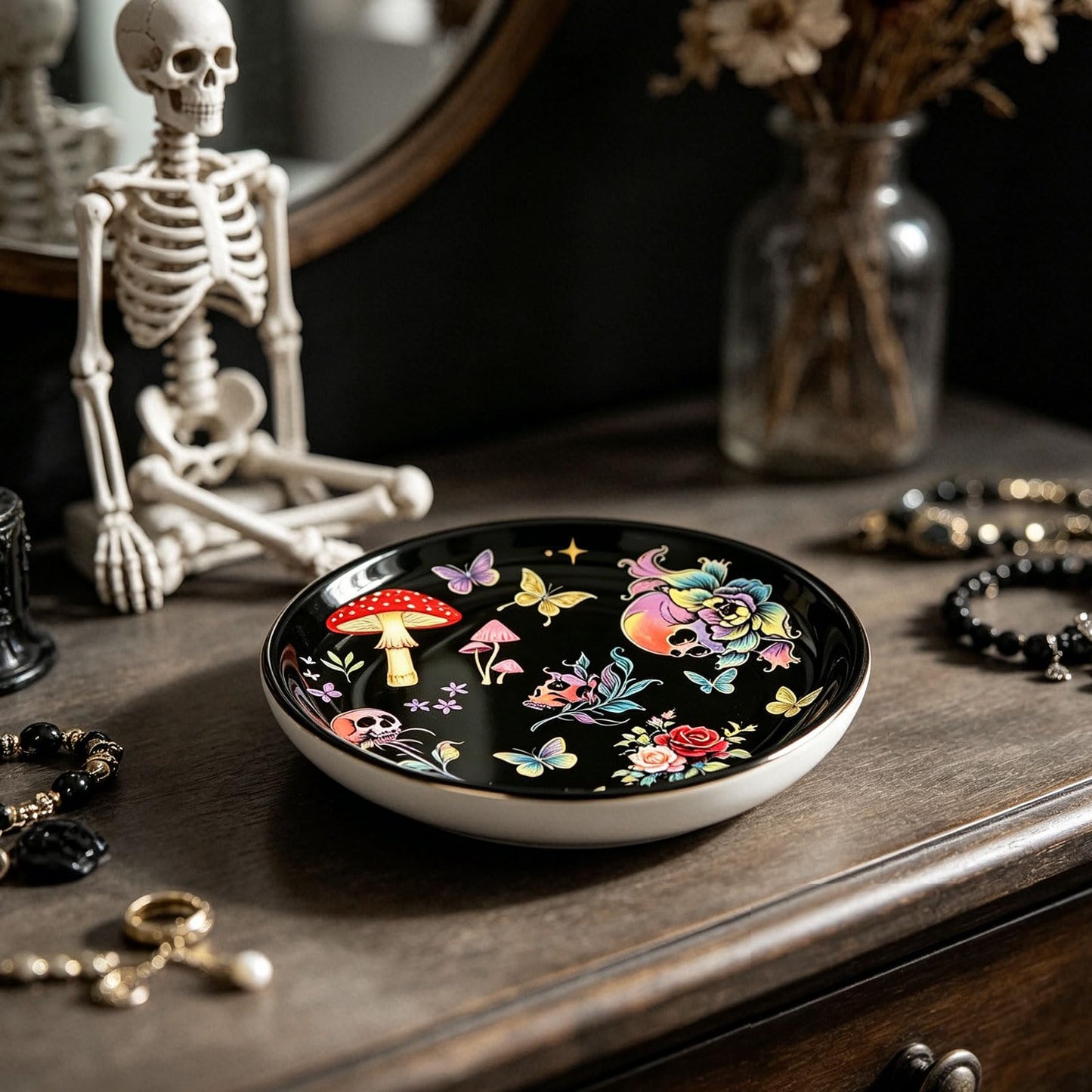 PEJXJML Gothic Ceramic Jewelry Tray Trinket Dish – Skull Mushroom Decorative Tray with Roses Butterflies, Dark Witchy Jewelry Dish for Rings Earrings Keys, Halloween Home Decor Gift, 4.1"