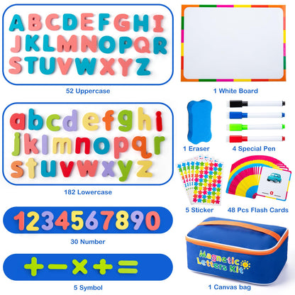 Sundaymot Magnetic Alphabet Letters Kit，310 Pcs with Magnetic Board and Organizer Bag, Upper and Lower Case Wooden Letters， Educational Toy Set for Classroom Kids Learning Spelling