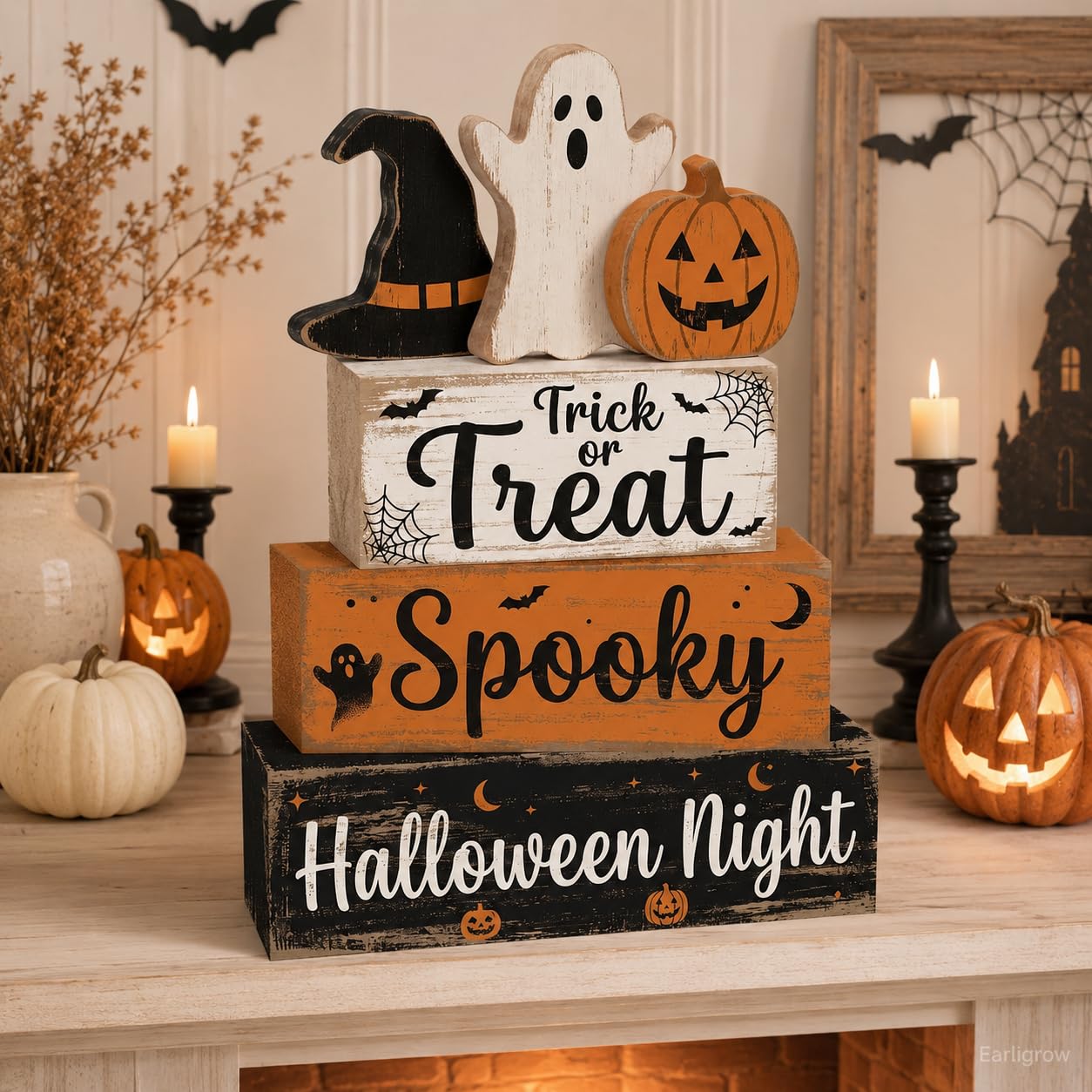 4 Pcs Halloween Decor, Trick or Treat Tiered Tray Decorations, Wooden Block Signs with Ghost Jack-O-Lantern Witch Hat, Farmhouse Rustic Table Centerpiece for Home Kitchen Mantel