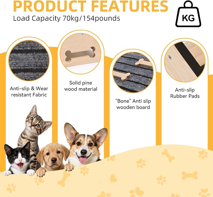 2-Pack Wooden Dog Ramp for Stairs - Natural Pine Wood Pet Step Ramp with Anti-Slip Bone Strips & Felt Padding, Stair Wedge for Small Medium Dogs, Indoor Home Safety Access for Injured Dogs