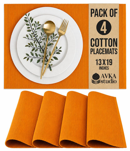 100% Cotton Ribbed Placemats - Set of 4-13 x 19 Inches - Orange - Everyday/Fall/Thanksgiving/Halloween Cloth Table Mats - Thick Construction, Washable Reusable & Place Mats - by AVKA Studio
