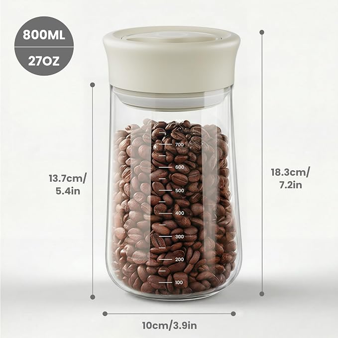 LAKUMIQI Overnight Oats Containers with Lids, 27oz Glass Jars with Airtight Lids, One-Hand 90° Twist-Off Wide Mouth Food Storage for Coffee Bean, Chia Pudding, Meal Prep, Pantry, Beige