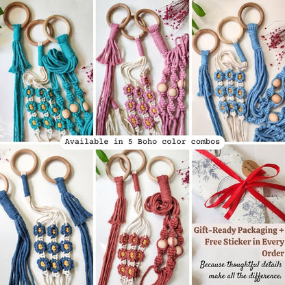 Set of 3 Macrame plant hangers with Daisies & Beads Hanging plant holder Macrame Plant hangers outdoor and indoor hanging planters Plant stand indoor Boho Decor hanging planter stand (Cloudy Day)