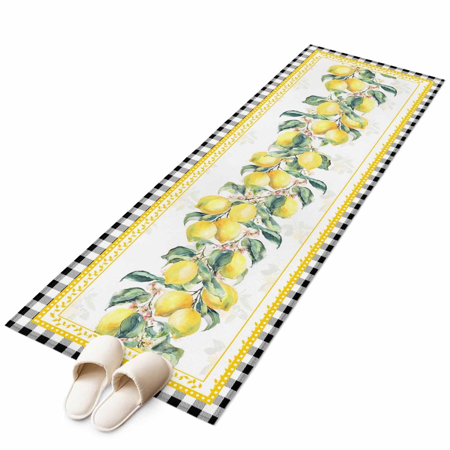 2'x6' Runner Rug, Yellow Lemon Washable Non-Slip Area Rugs for Hallway Kitchen Floor Bedroom Entryway, Summer Botanical Black White Plaid Pastoral StainResistant Laundry Carpet Decoration Indoor Mat