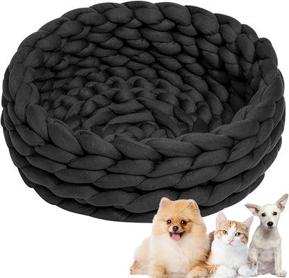 Woven Dog Bed Basket, Knitted Cotton Cat Bed Round Washable Woven Cat Pet Bed Chunky Dog Basket, Orthopedic, Chunky Knit Dog Nest,Dog Bed,Dog Cave,Dog Bedding(Black,23")