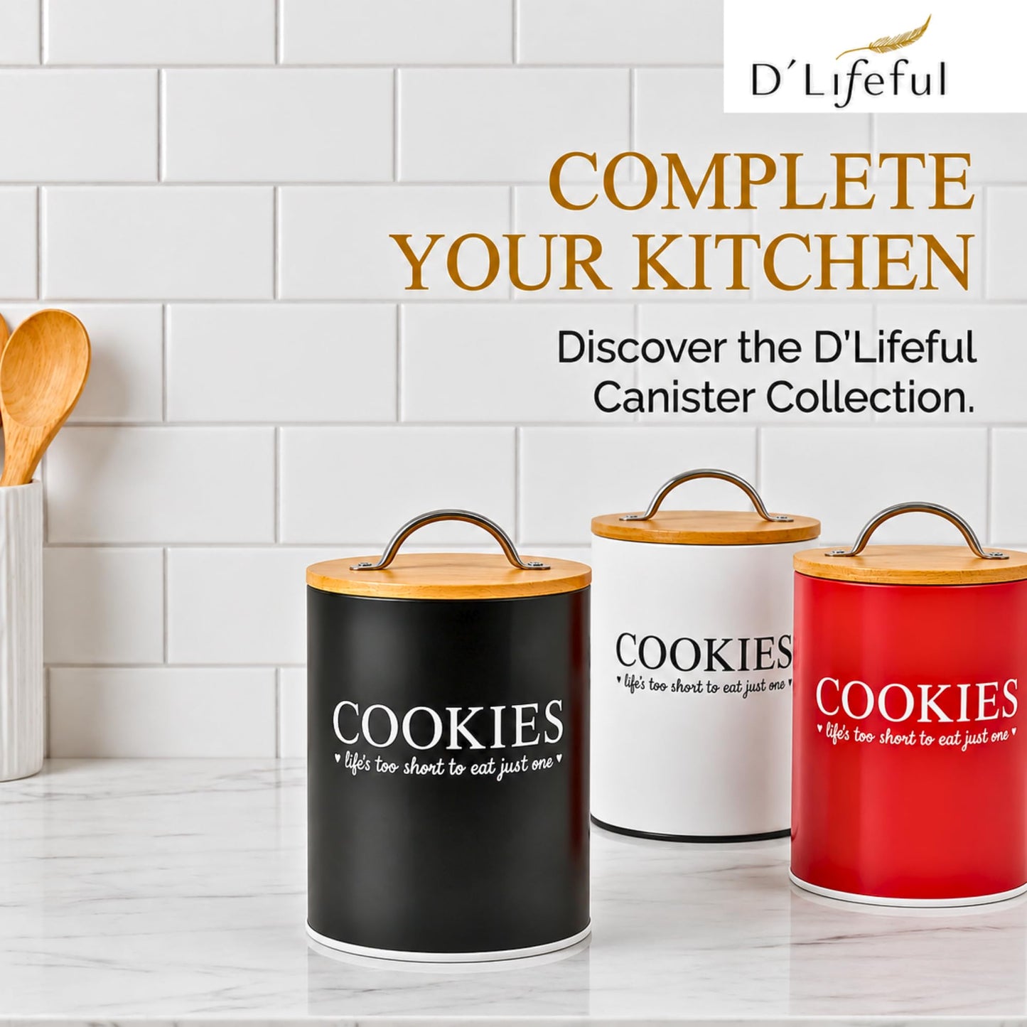 D'Lifeful Cookie Jar with Airtight Bamboo Lid – 0.6 Gallon Cute and Decorative Cookie Storage for Kitchen Countertop – Farmhouse Storage Tin for Freshness – Great Gift Idea