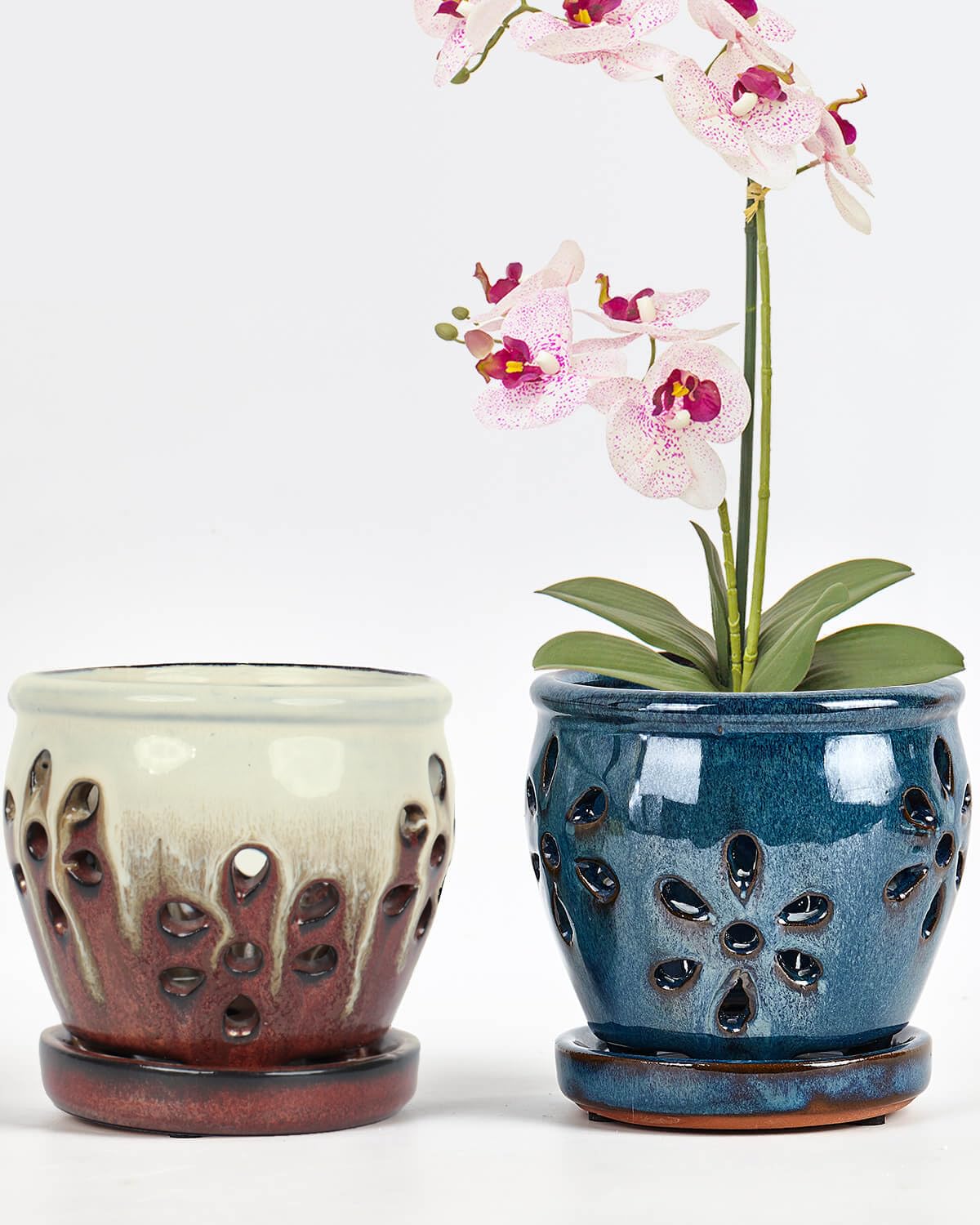 Vensovo 4 Inch Ceramic Orchid Pots with Drainage Holes and Saucers, 2 Pcs Small Planters for Orchids Succulents Repotting, Indoor Outdoor Ceramic Flower Pots for Healthy Root Growth (Blue Brown Mixed)