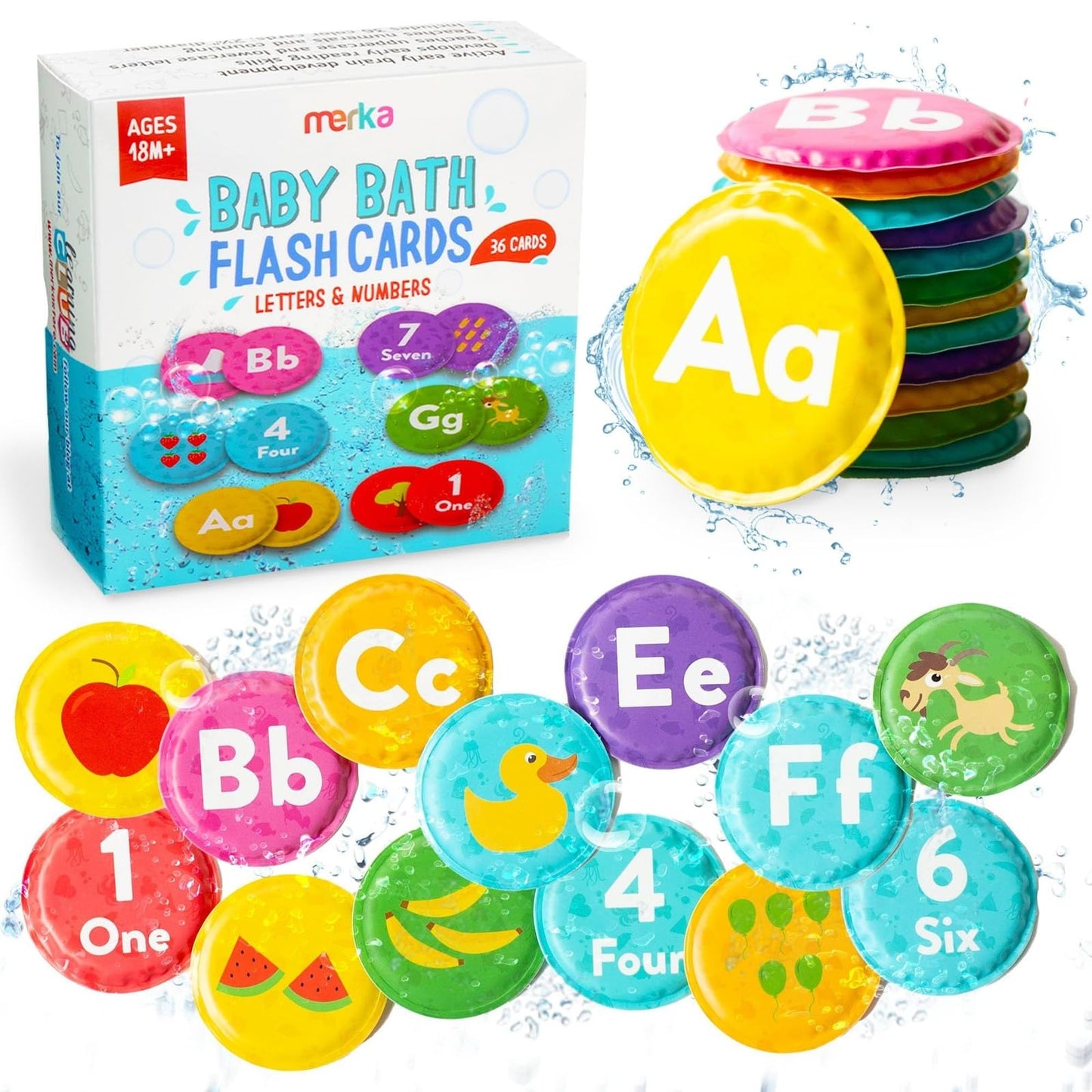 merka Bath Toys Flash Cards - 36-Pc Multicolor 2.25-Inch Foam Alphabet & Number Cards - Waterproof Bath Time Toddler Learning Toys for Ages 1-3