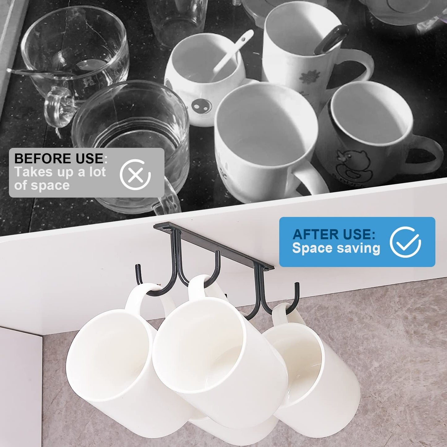 FOMANSH Mug Rack Under Cabinet - Coffee Cup Holder, 12 Mugs Hooks Under Shelf, Display Hanging Cups Drying Hook for Bar Kitchen Utensils Black