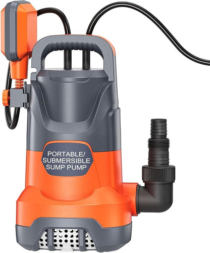 Sump Pump with Float 1HP Clean/Dirty Submersible Water Pump Electric 4500GPH for Pool Draining Spa Hot Tubs Ponds, Orange