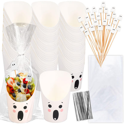 Whaline 500 Pcs Halloween Charcuterie Cup Sets 200 Cocktail Pick 100 Bags 100 Twist Ties 100Pcs 14Oz Cute Ghost Expression Disposable Appetizer Cup White French Fry Holder for Trick or Treat Supplies