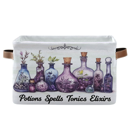 Halloween Witch Potions Storage Basket with Waterproof Liner and PU Handles Purple Herb Spooky Storage Bins Boxes 14.2" Collapsible Decorative Organizer Baskets for Bedroom Closet Office 1 Pack