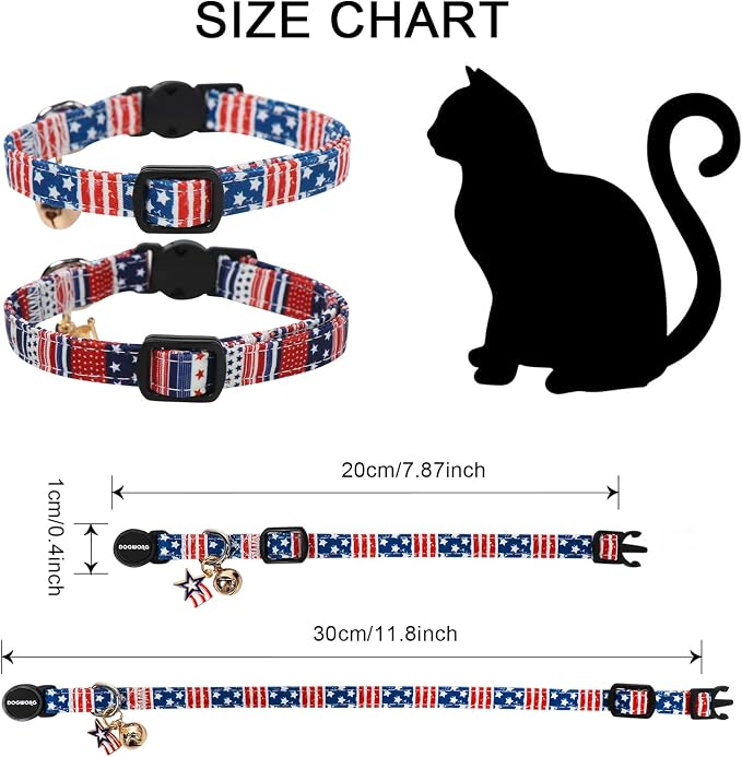 2 Pack Independence Cat Collars,Pink American Flag Cat Collar with Bell Breakaway Adjustable for 4th of July Independence Day，Adjustable Kitten Collar 7-12 Inch
