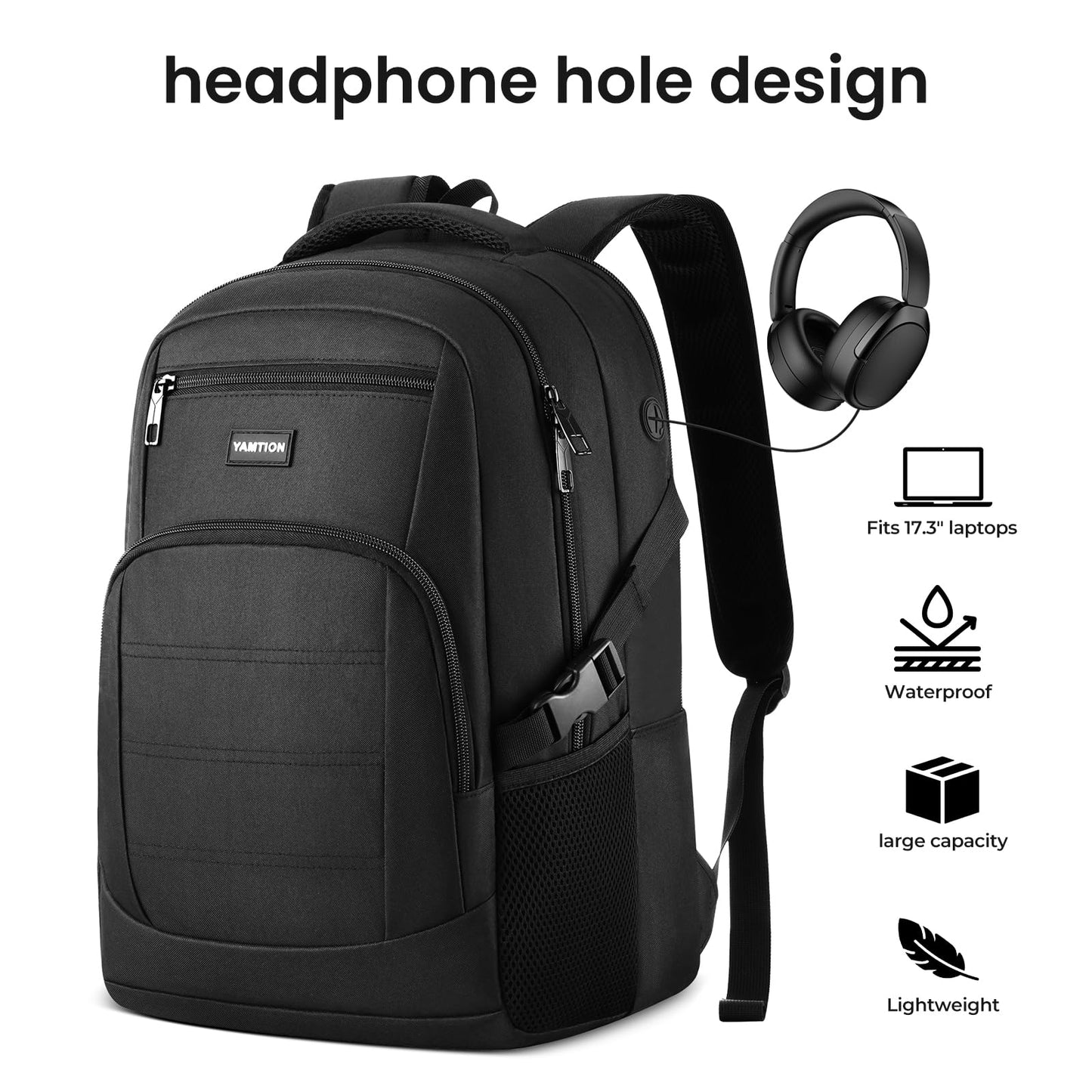 YAMTION Black Backpack for Men and Women, Laptop Backpack, School Backpack for Boys and Girls, Lightweight Bookbag, Work Backpack Fits 15.6 Inch Notebook