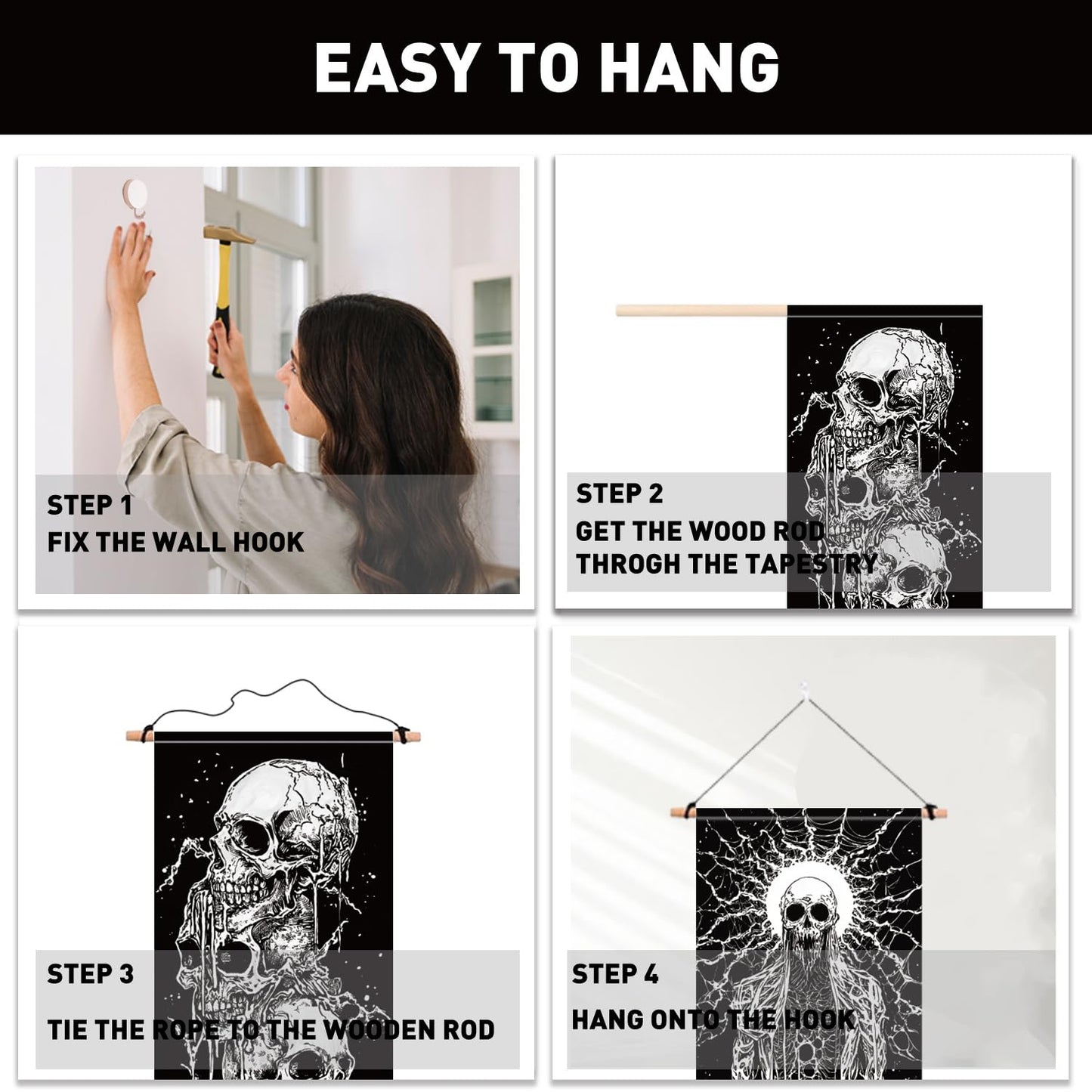 PLIGREAT 2 Pack Skeleton Tapestry with Tassels, 52" x 13" Black and White Aesthetic Wall Hanging Goth Style Vertical Home Art Tapestry for Bedroom Living Room Long Narrow Wall Hanging Art Decor
