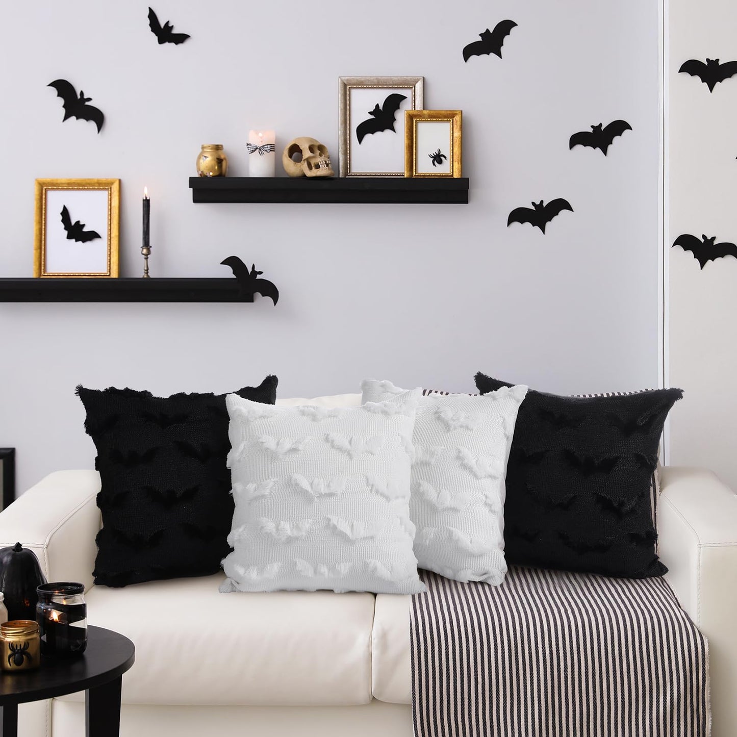 Geyoga Set of 4 Halloween Bat Pillow Covers 18x18 Inch Black White Bat Throw Pillow Cases Soft Plush Faux Fur Couch Cushion Case for Chair Sofa Bedroom Living Room Home