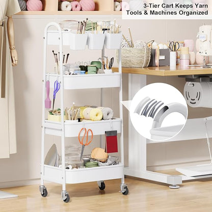 White 4 Tier Rolling Cart Metal with Wheels, Heavy Duty Utility Storage Organizer Carts on Wheels, Four Tiered Roller Cart for Kitchen, Book, Snack, Craft, Art, Dorm, Large Capacity Basket, 38in Tall