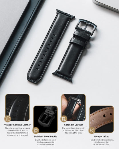 VULKIT Vintage Leather Bands Compatible with Apple Watch Straps 38mm 40mm 41mm, Genuine Leather Wristbands Compatible for Apple iWatch Ultra SE Series 8 7 6 5 4 3 2 1(Black)