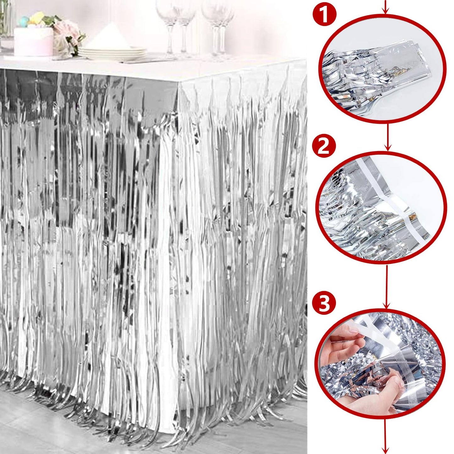 6 Pack Metallic Foil Fringe Tinsel Table Skirt, antfees 29.5''x108'' Disposable Party Table Skirt Banner for Rectangle Tables, Wedding, Birthday, Parade Floats, Party Decoration (Silver)