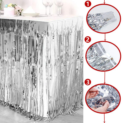 6 Pack Metallic Foil Fringe Tinsel Table Skirt, antfees 29.5''x108'' Disposable Party Table Skirt Banner for Rectangle Tables, Wedding, Birthday, Parade Floats, Party Decoration (Silver)