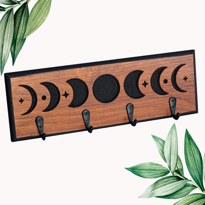IRISVITA Witchy Moon Key Holder for Wall, Small Moon Phase Boho Wall Decor, Gothic Home Decor, Boho Decor, Wooden Key Organizer for Home, Brown