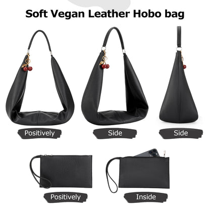 Slouchy Hobo Bags for Women Soft Vegan Leather Sling Bag Designer Shoulder Purses Top Handle Handbag with Small Purse (Black)
