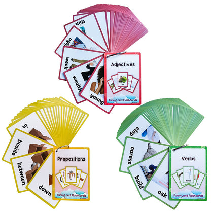 Lilias Verbs/Adjectives/Prepositions Flash Cards, English Words Pocket Card for Toddlers, Learning Toys, Supplies for Kindergarten Preschool, 3 Themes Set