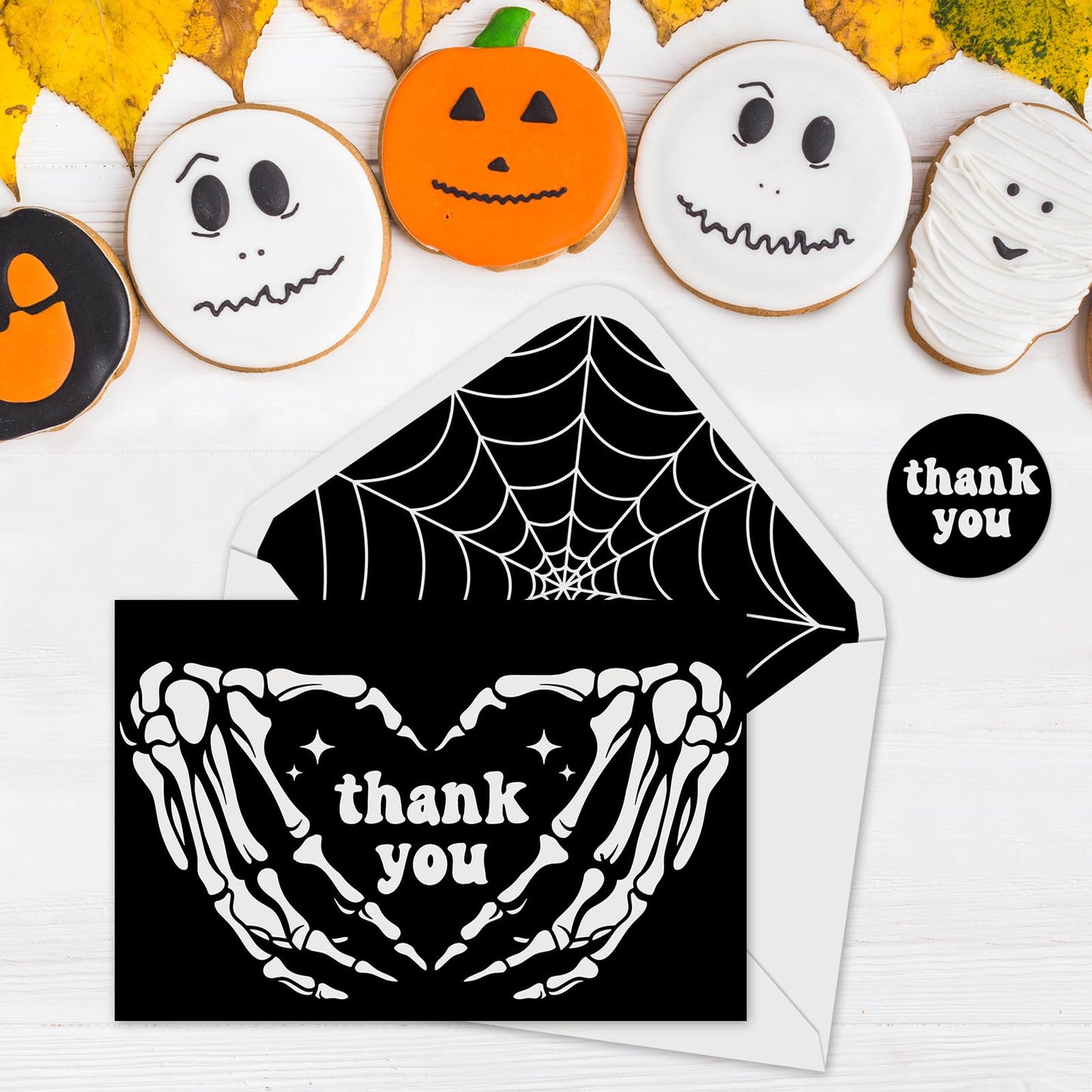 JarThenaAMCS 24Pcs Halloween Thank You Cards with Envelopes and Stickers Skeleton Hands Greeting Cards White Black Blank Note Cards for Halloween Party Supplies