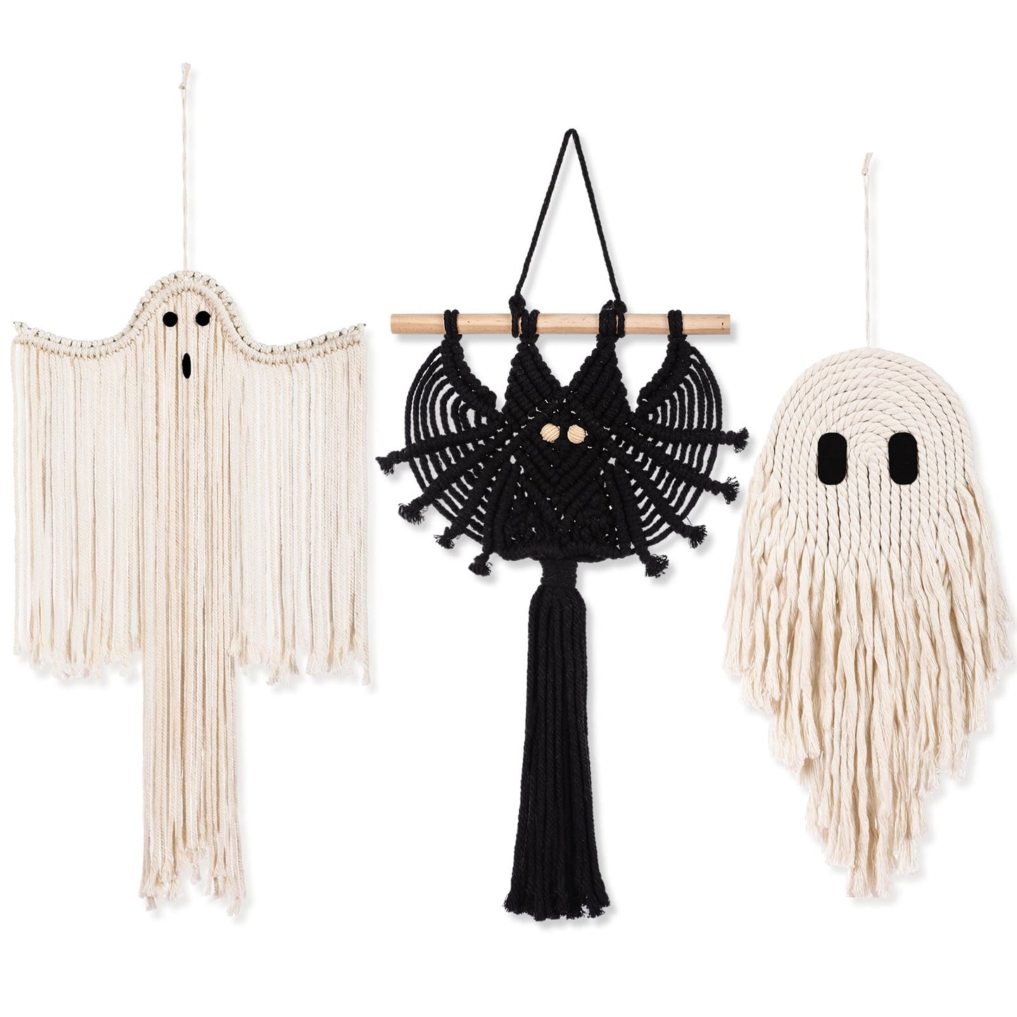 Remagr 3 Pcs Halloween Macrame Ghost Bat Wall Decor Handmade Ghost Wall Hanging Halloween Boho Decorations, Spooky Season Decor for Home Decorations