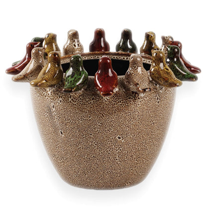 Tuioyoc 10.4 Inch Plant Pot, Ceramic Planter with Drainage Hole and Silicone Plug, Flower Pot with Ceramic Birds on Rim, Reactive Glaze, for Indoor Outdoor Plants Home Garden Patio Office