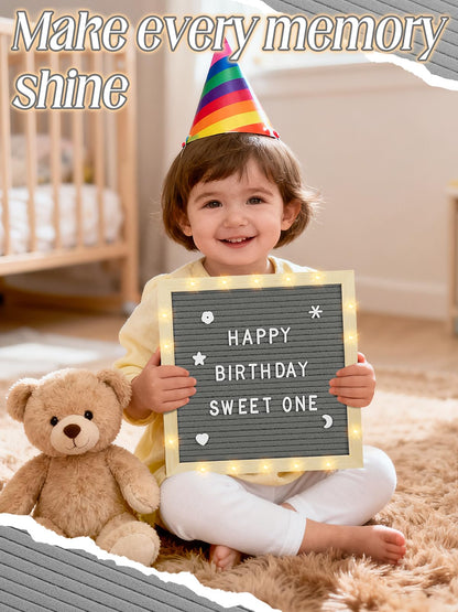 Felt Letter Board with LED Lights - 10 ×10" Custom Message Board with Changeable Letters & Stand, First Day of School Sign/Graduation/Pregnancy/Baby Announcement/Wedding/Classroom Decor, Grey