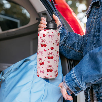 32oz Pink Cherry Insulated Aater Water Bottle with Straw Gym Hiking Sports Coffee Mug Cup Water Bottles,Cherry Gifts for Wome Decor Stuff Accessories