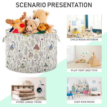 Retro Mushroom Print Round Storage Basket Mushroom Wild Plant Large Laundry Hamper 20 x 20 x 14 Inches Organizer Bin with Cotton Rope Handles Clothes Storage Bag for Nursery Bedroom Living Room Decor