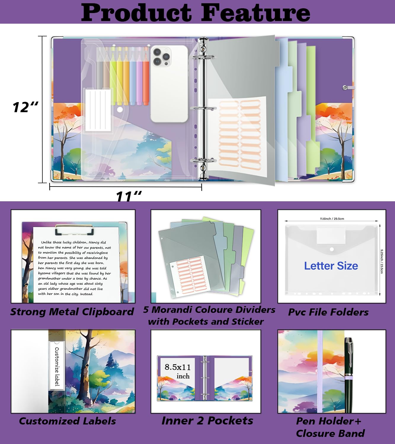 3 Ring Binder 2 Inch for 8.5"x11" Paper, Three Ring Binders with Clipboard, 5 Dividers with Tabs and Pockets, Decorative Binder with Pen Holder,Path