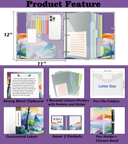 3 Ring Binder 2 Inch for 8.5"x11" Paper, Three Ring Binders with Clipboard, 5 Dividers with Tabs and Pockets, Decorative Binder with Pen Holder,Path