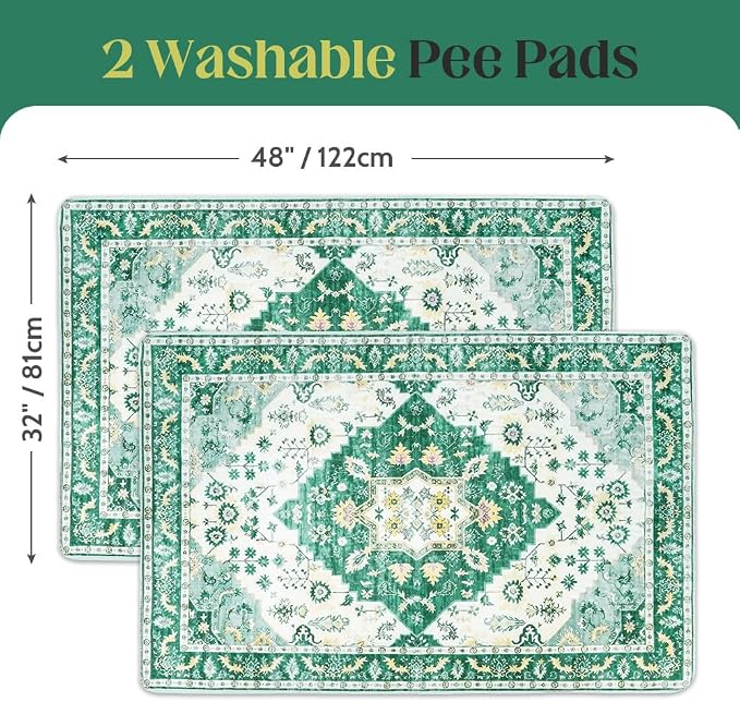 Washable Pee Pads for Dogs, 2 Pack Reusable Puppy Training Pads 48"x32" Super Absorbent Waterproof Dog Training Pads, Non-Slip Potty Pads, Whelping Pads Litter Mat Green Medallion