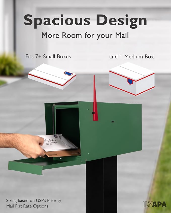 Ilyapa Modern Mailbox for Outside Post Mount - Green Powder Coated Metal Mailbox, Waterproof Letter Box for Parcels, with Recessed Magnetic Close Door